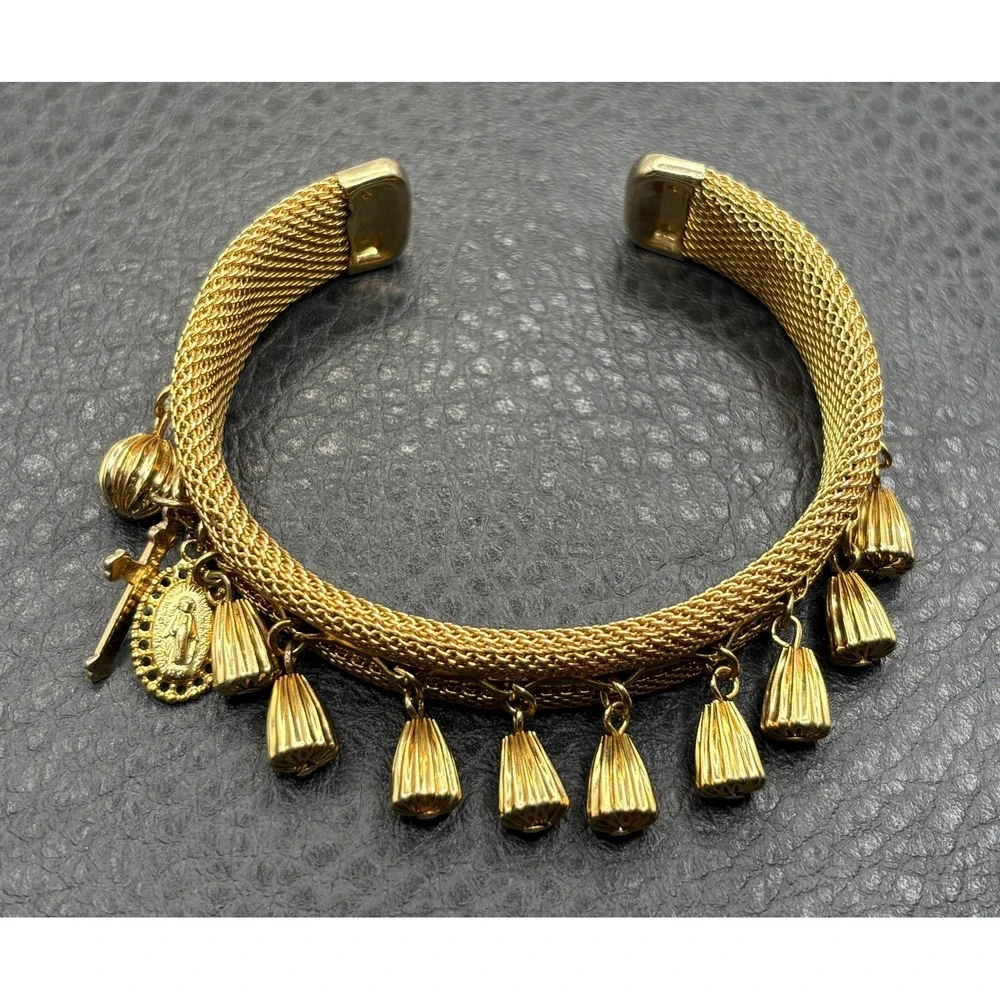 Vintage Mesh Bracelet Cuff Charm Dangle Cross Madonna Medal Gold Tone